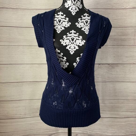 Charlotte Russe Navy Blue Knit Sweater Sheer Deep V-Neck Short Sleeves Medium - Picture 1 of 9
